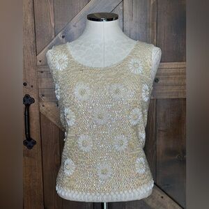 Vintage 60s Hand Beaded and Opalescent Sequined Sleeveless Ivory Wool Sweater M